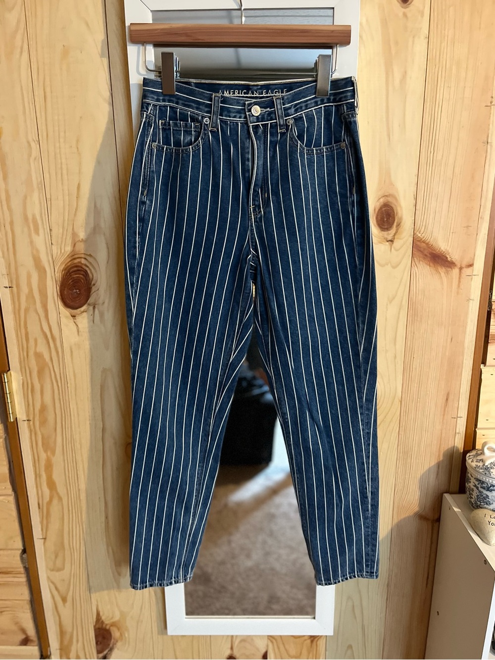 American Eagle High Rise Pinstripe Mom Jeans